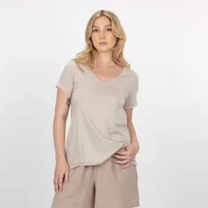 Womens V-neck Raw Edge Tee - Pumice Stone