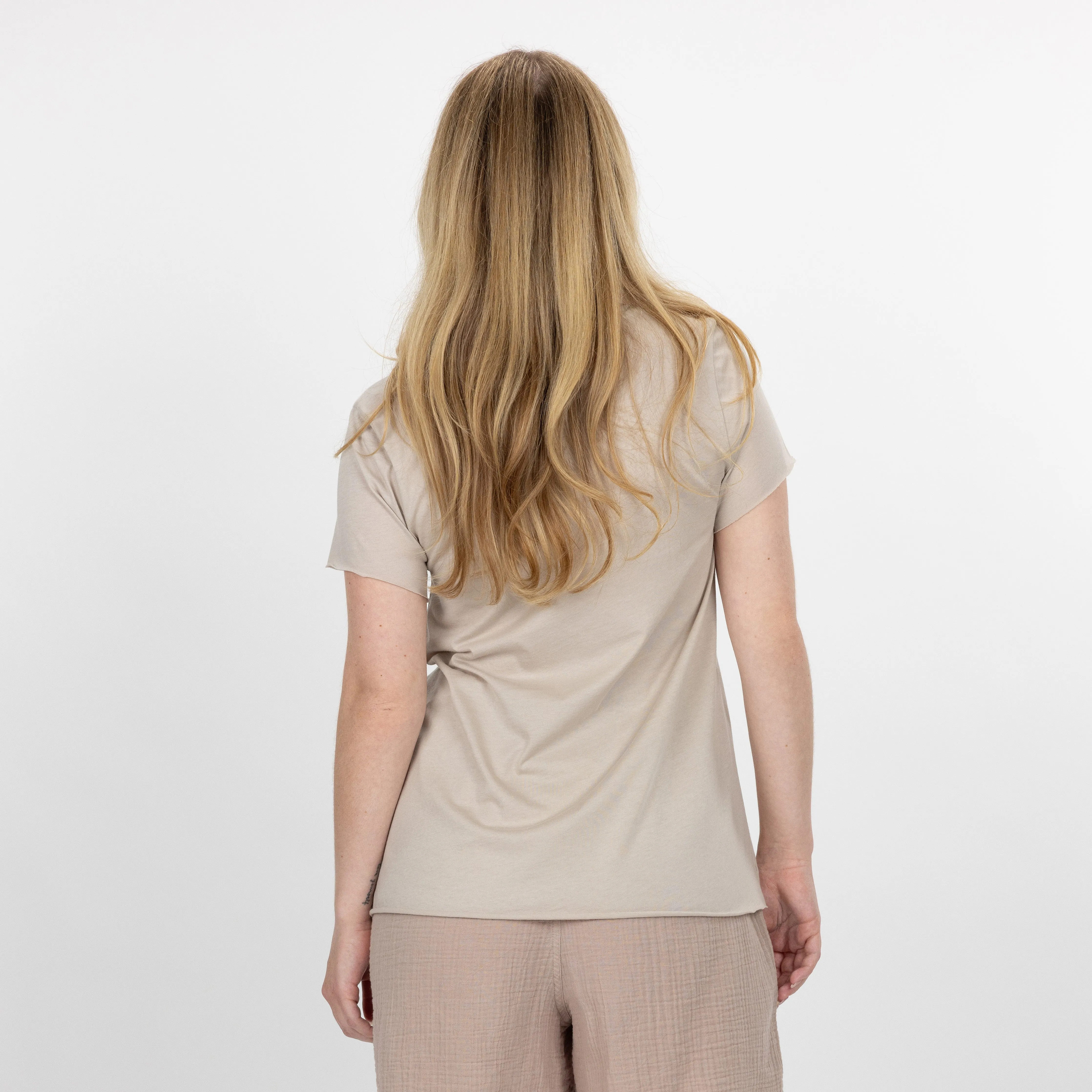 Womens V-neck Raw Edge Tee - Pumice Stone