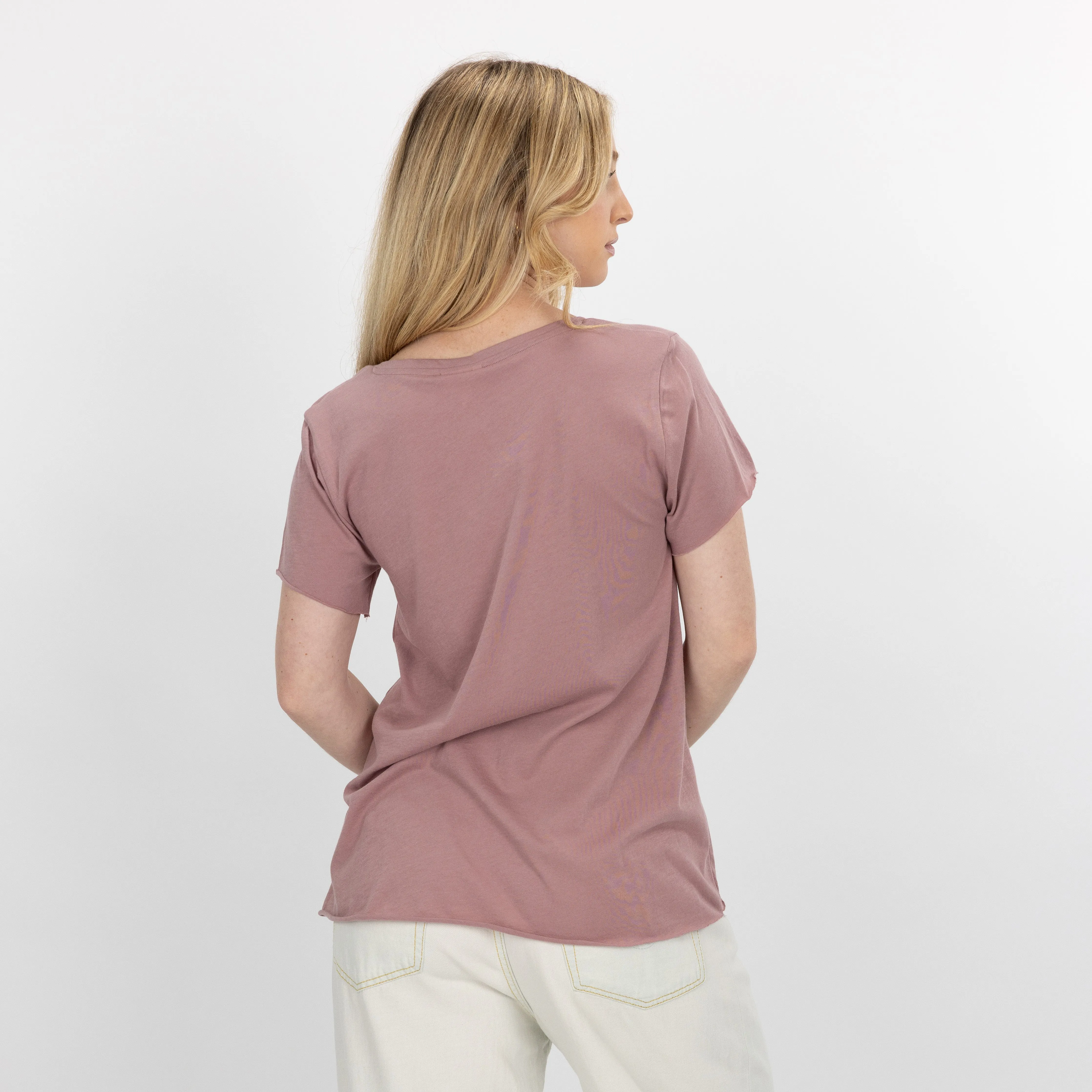 Womens V-neck Raw Edge Tee - Woodrose