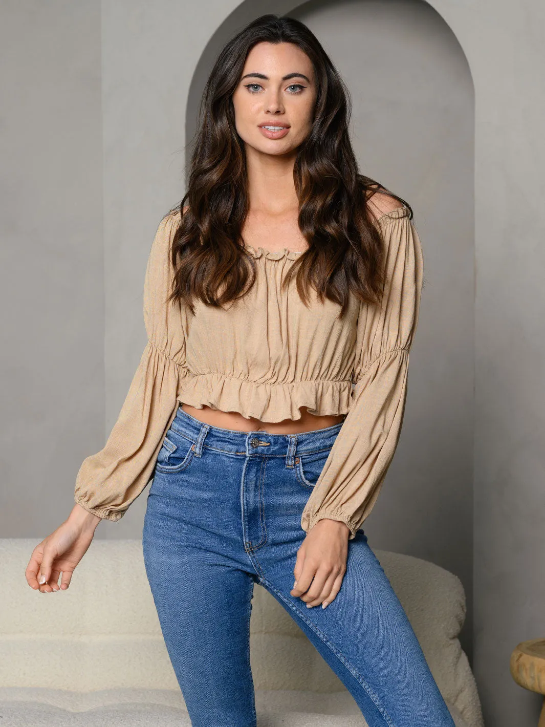 WOMEN'S VOLUME TIERED PUFF SLEEVE MINI RUFFLE DETAIL CROP TOP