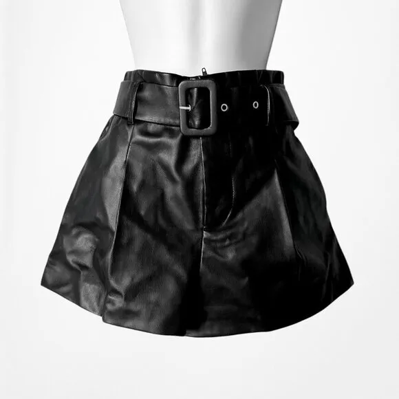 Zara Black Paperbag Style High Waisted Belted Faux Leather Shorts Size XS/S