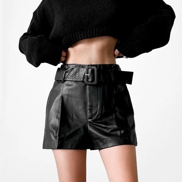 Zara Black Paperbag Style High Waisted Belted Faux Leather Shorts Size XS/S