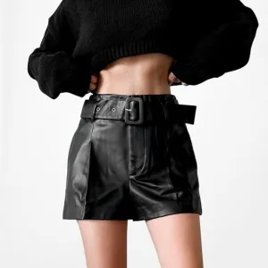 Zara Black Paperbag Style High Waisted Belted Faux Leather Shorts Size XS/S