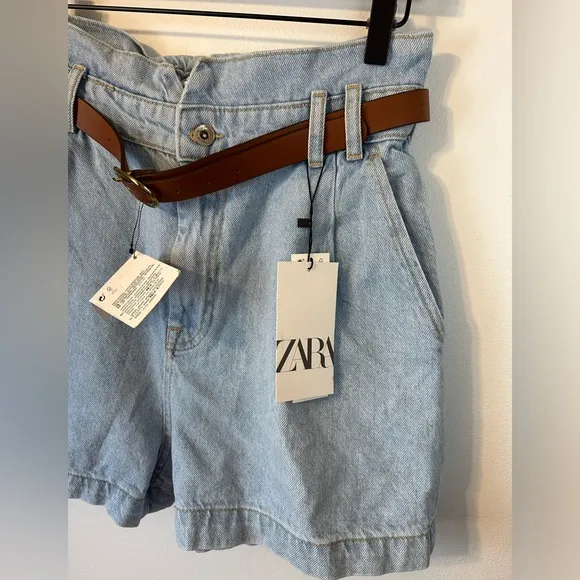 ZARA Light Wash Denim Highwaisted Belted Paperbag Mom Jean Shorts NWT | Size 10