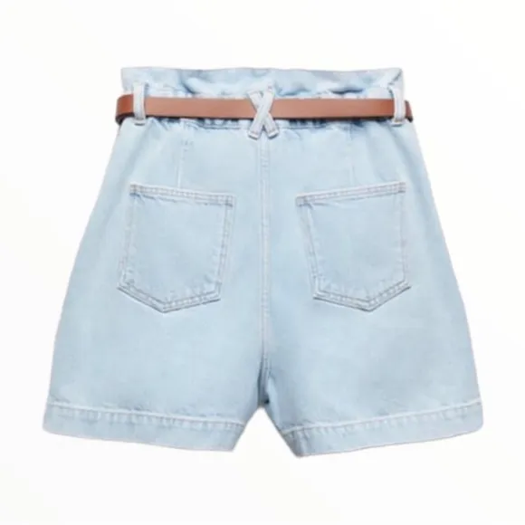 ZARA Light Wash Denim Highwaisted Belted Paperbag Mom Jean Shorts NWT | Size 10