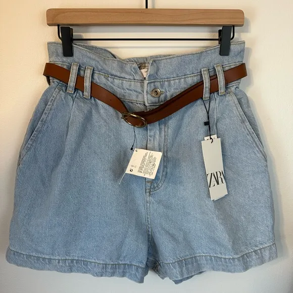 ZARA Light Wash Denim Highwaisted Belted Paperbag Mom Jean Shorts NWT | Size 10