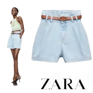 ZARA Light Wash Denim Highwaisted Belted Paperbag Mom Jean Shorts NWT | Size 10