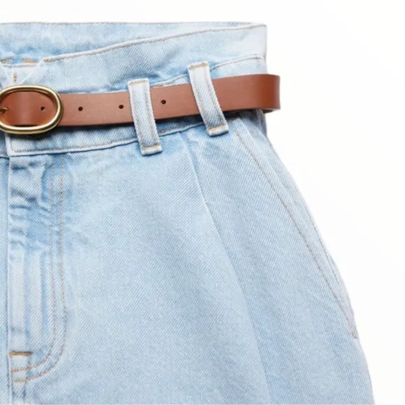 ZARA Light Wash Denim Highwaisted Belted Paperbag Mom Jean Shorts NWT | Size 10