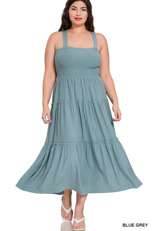 ZENANA Plus Smocked Tiered Midi Dress