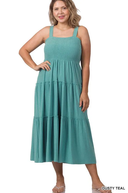ZENANA Plus Smocked Tiered Midi Dress