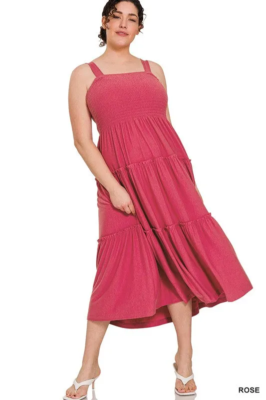 ZENANA Plus Smocked Tiered Midi Dress